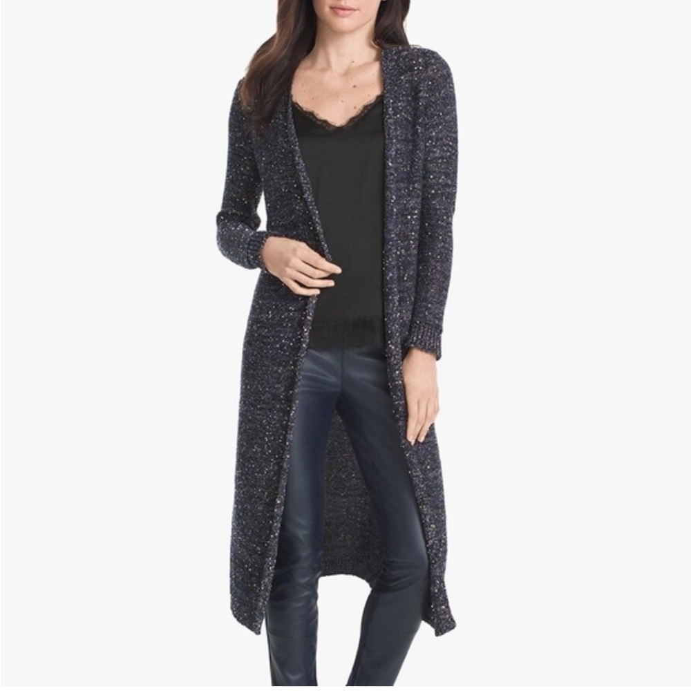 White House Black Market Cardigan Size L WHBM Blue Long Sequin Duster Sweater